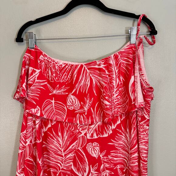 Asos Mini Shift Dress 10 Red White Leaf Ruffled Spaghetti Straps Tropical Summer - Picture 3 of 8
